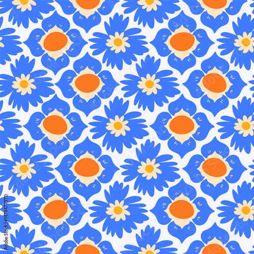 Blue Flower Seamless Pattern with Cute Abstract Florals. Doodle quirky summer and spring plants. Feminine repeatable backdrop perfect for fashion, clothing, cards, invitations, wrapping paper