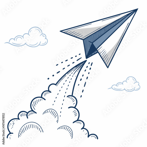 Create a vector illustration of a bold, thick-stroked paper airplane in flight, emphasizing dynamic movement and sharp angles.