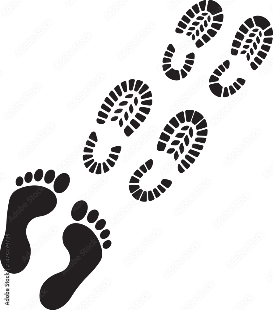 Black Footprints and Shoe Prints Vector Icon Set Black Footprints and Shoe Prints Vector Icon Set