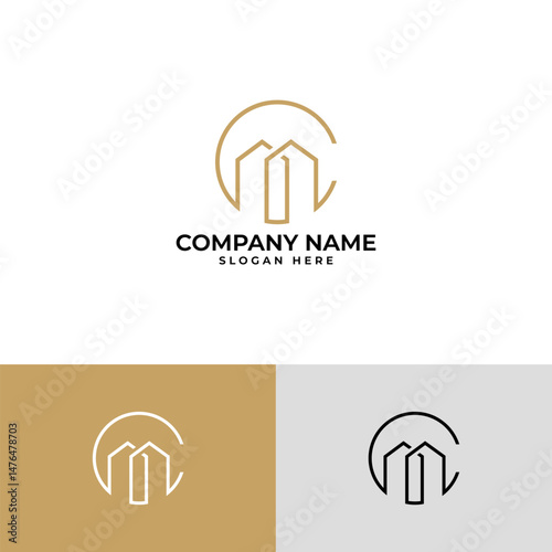 Modern and minimalist real estate logo. Features a stylized building or house outline enclosed within a partial circle. Represents property, architecture, or home with a contemporary feel.