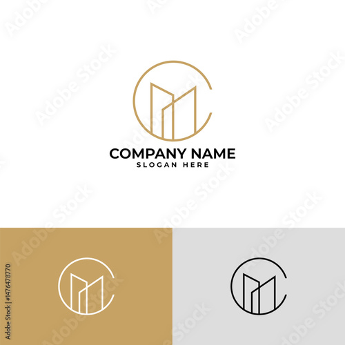 Modern and minimalist real estate logo. Features a stylized building or house outline enclosed within a partial circle. Represents property, architecture, or home with a contemporary feel.