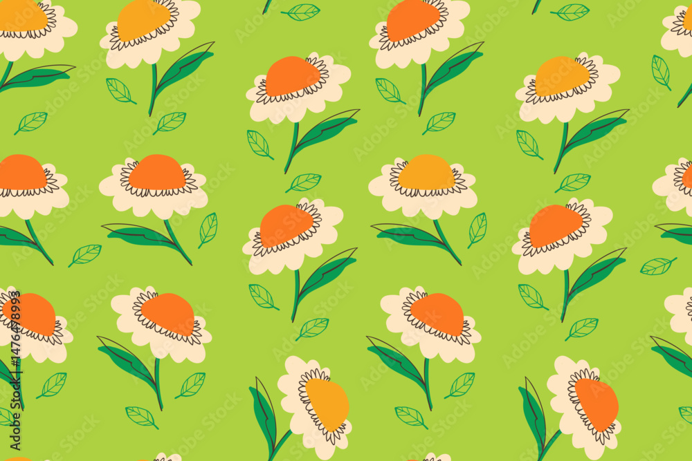 Flower Seamless Pattern with Cute Nature Wild Field Florals Isolated on Green Background. Doodle quirky summer and spring plants. Feminine repeatable backdrop perfect for fashion, clothing, cards Flower Seamless Pattern with Cute Nature Wild Field Florals Isolated on Green Background. Doodle quirky summer and spring plants. Feminine repeatable backdrop perfect for fashion, clothing, cards