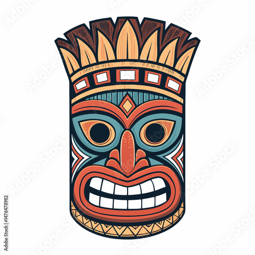 Create a bold, vector illustration of a Polynesian Tiki mask with thick black outlines, intricate details, and a strong, stylized design.