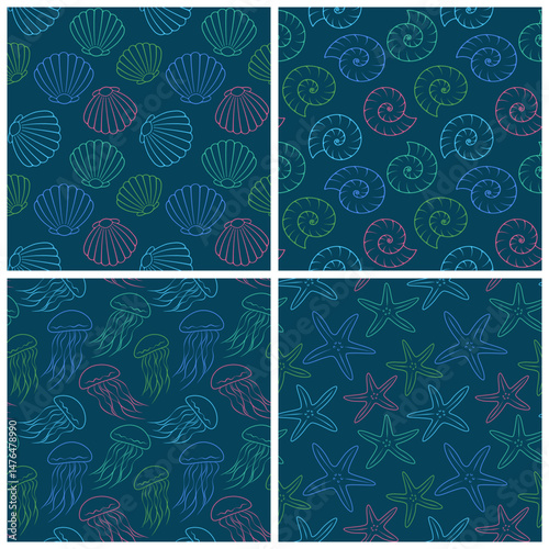 Collection of vector seamless patterns of shells, starfish and jellyfish