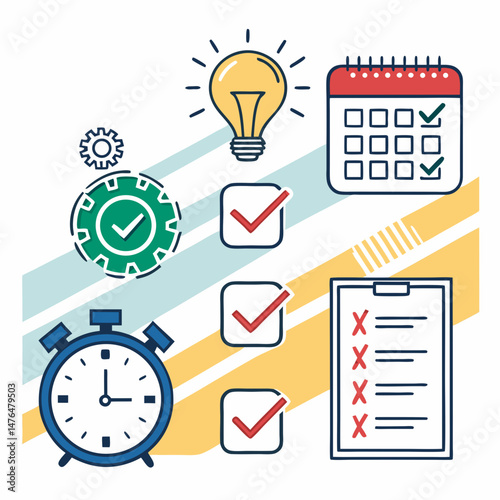 Create a bold, vector infographic illustrating productivity concepts.  Use strong lines and vibrant colors for maximum impact.