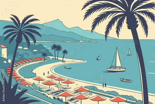 26 tropical resort, blue ocean, palm trees, swimming pools, umbrellas, boats, distant mountains, sunny day, panoramic view, detailed scenery, vibrant colors, lush vegetation, holiday destination