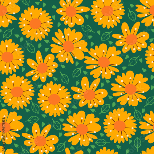 Wallpaper Mural Yellow Flower Seamless Pattern with Cute Nature Wild Field Florals and Leaves Isolated on Green Background. Doodle quirky summer and spring plants. Feminine repeatable backdrop perfect for fashion Torontodigital.ca