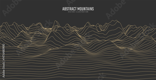 Contour mountain landscape. Waved line art. Abstract minimal topographic map. Contour lines with elevations and terrain depth. Vector illustration.