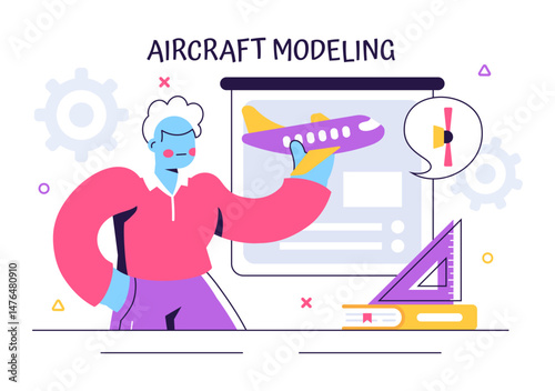 Aircraft Modeling and Crafting Vector Illustration Featuring the Assembly or Painting of a Large Airplane Model as a Replica of a Real Aircraft