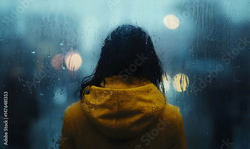 A woman in a yellow raincoat stands before a rain-streaked window, gazing at the blurred city lights and passersby beyond.  The mood is contemplative and melancholic
