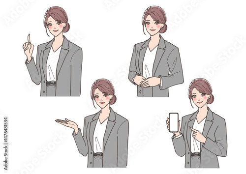 受付の女性の様々なポーズのイラストセット