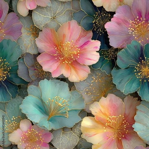 Elegant Floral Pattern with Pastel Flowers and Delicate Gold Veins - Luxurious Botanical Repeat Design
