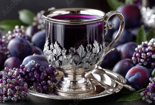 Elegant Silver Cup with Colorful Drink Surrounded by Fresh Plums and Grapes on Dark Table