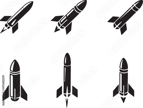Black Missile Rocket Weapon Icon Vector Set
