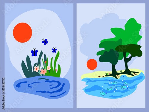 Elements of nature in modern contemporary symbols earth, water, air and fire vector design. Page calendar book cover design. Science project cards poster ideas.