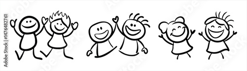 Hand-Drawn Line Art Cartoon of Happy Kids. Children Illustration. Children Doodle Illustrations