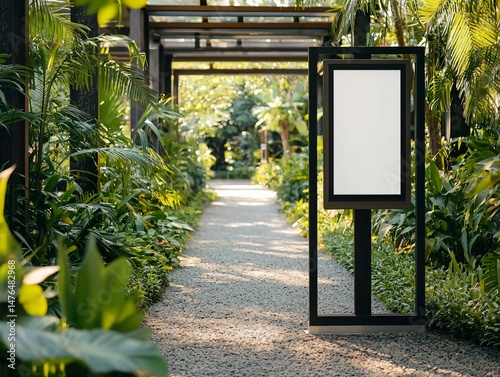 freestanding white-bordered billboard in botanical garden path, surrounded by tropical leaves, gravel walkways, and soft dappled sunlight