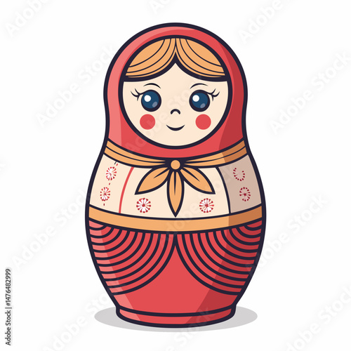 Create a bold, vector illustration of a Russian Matryoshka doll with thick outlines, emphasizing its nesting structure and traditional painted design.