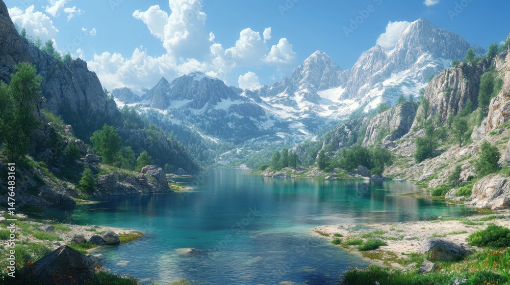 Serene alpine lake nestled in a mountain valley Serene alpine lake nestled in a mountain valley