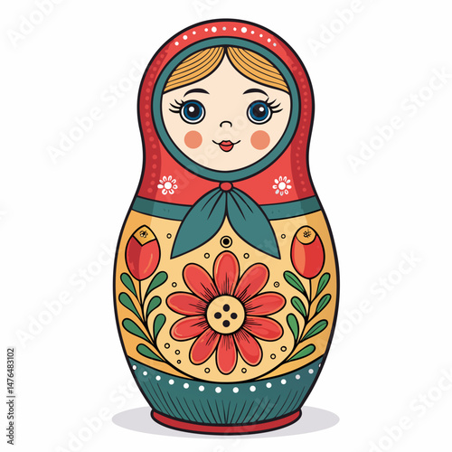 Create a bold, vector illustration of a traditional Russian Matryoshka doll, emphasizing thick outlines and vibrant colors.  Show multiple nested dolls.