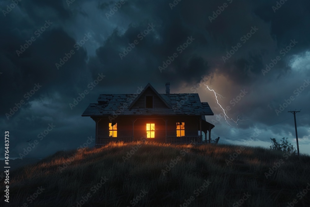 Eerie haunted house on a hill illuminated by eerie glow on Halloween night Eerie haunted house on a hill illuminated by eerie glow on Halloween night