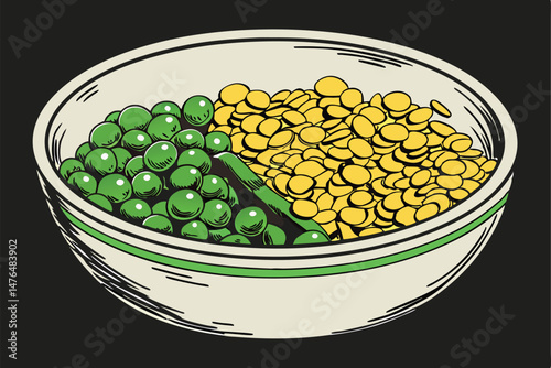 79 green peas, yellow split lentils, round bowl, black background, vibrant colors, dramatic lighting, high contrast, detailed textures, studio shot