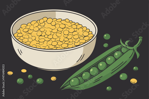 79 green peas, yellow split lentils, round bowl, black background, vibrant colors, dramatic lighting, high contrast, detailed textures, studio shot