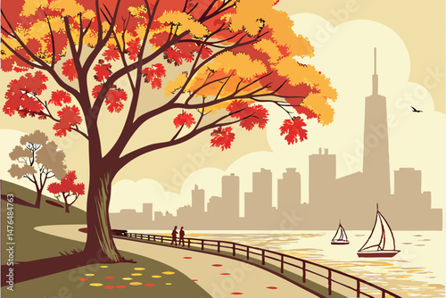 27 autumn tree, colorful fall foliage, downtown city skyscrapers in background, waterfront promenade, sailboats on water, overcast sky, vibrant autumn colors