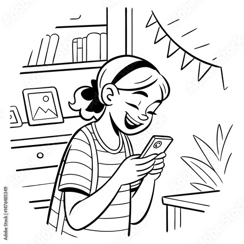 Sketch style doodle of Happy hispanic teen girl holding cell phone using smartphone device at home