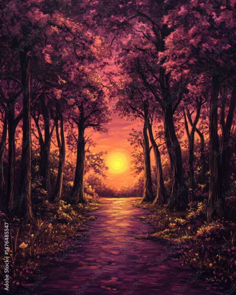 Obraz premium Forest Path at Sunset Oil Painting Impressionistic Style Dark Trees Purple Hues Warm Light Nature Scene Artwork