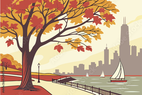 27 autumn tree, colorful fall foliage, downtown city skyscrapers in background, waterfront promenade, sailboats on water, overcast sky, vibrant autumn colors