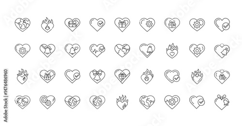 set heart-shaped icons incorporating elements like globe fire gift box checkmark gear bell symbolizing diverse concepts within unified theme