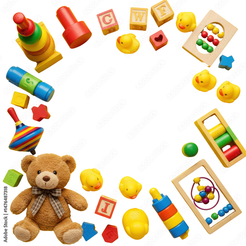 Obraz premium Childhood Corner: A colorful array of children's toys playfully arranged, creating a visually engaging border and evoking the joy of childhood. 