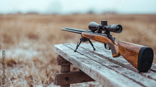 A detailed image shows a rifle equipped with a scope placed on a wooden bench in a field.