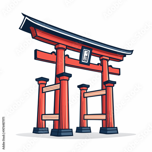 Create a bold vector illustration of a traditional Japanese temple gate (Torii), emphasizing strong, clean lines and a vibrant red color.