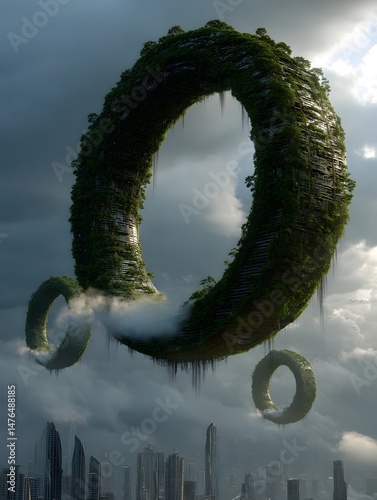 Floating rings with vertical forests hover above the city skyline