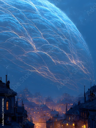 Glowing futuristic city at night with citizens' dreams connected to the sky