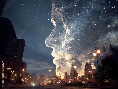 Transparent face of light floating above the city