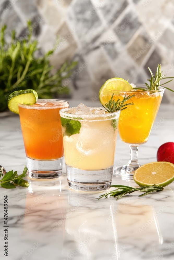 Fototapeta premium Three Colorful Cocktails on Marble Countertop with Lime Cucumber and Rosemary Garnish in Studio Shot