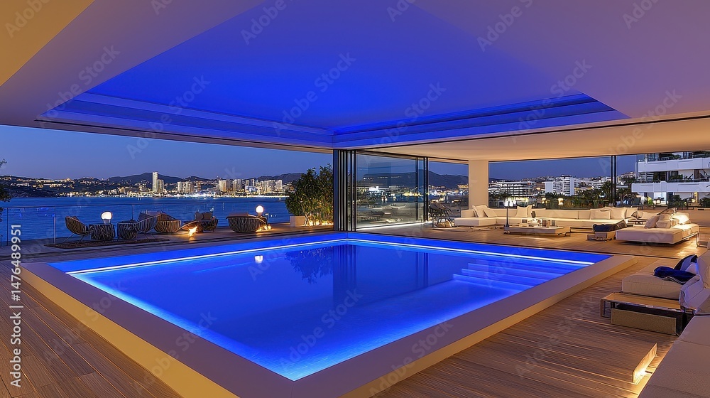 Fototapeta premium Modern Indoor Pool with Blue Lighting and City View at Night