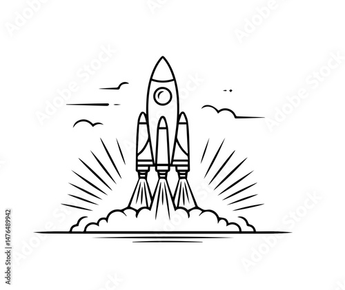 Dynamic line art illustration of a rocket launching upwards with smoke, clouds, and sunburst effect, symbolizing startup, success, power, and rapid growth