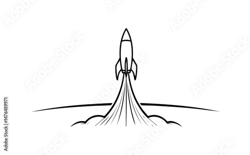 Dynamic line art sketch of a rocket launching with powerful exhaust plumes, symbolizing startup, innovation, boost, and ambition on a white background