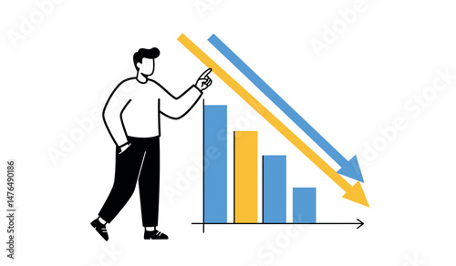 Businessman analyzing declining graph trend for economic strategy and data insights