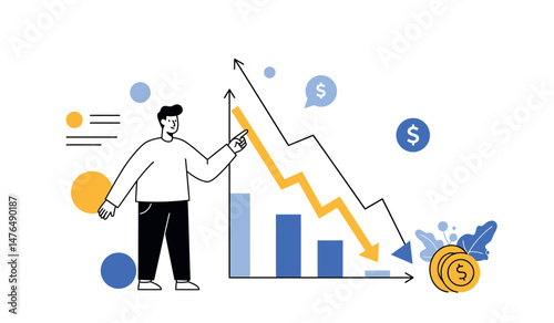 Businessman analyzing financial downturn with graph and coins for economic strategy