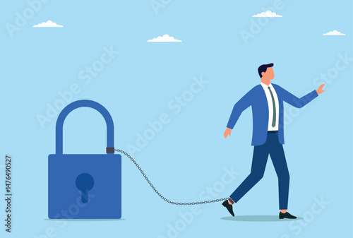 Vector illustration of a businessman chained to a business security system