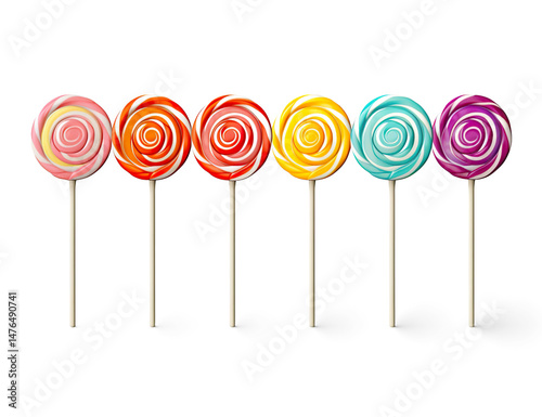 3D Colorful Spiral Lollipops in a Row on a Transparent Background