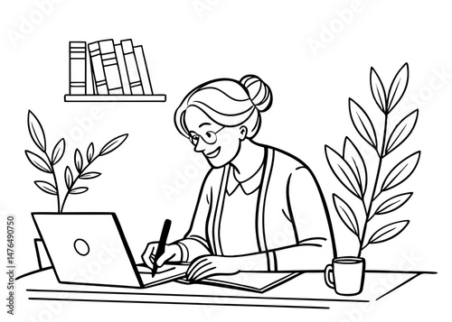 Sketch style doodle of Happy stylish mature old woman remote working from home distance office on laptop taking notes