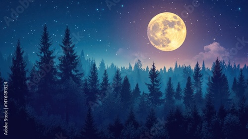 Majestic full moon illuminating a dense pine forest under starry night sky