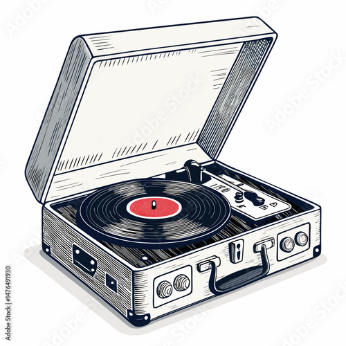 Create a bold, vector illustration of a vintage vinyl record player with a thick, black stroke.  Focus on clean lines and strong shapes.