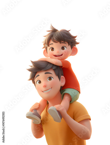 On Father's Day, the son sits on the transparent background of his father's shoulders